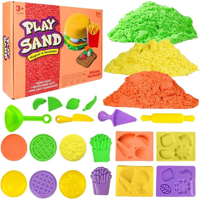 UKR Magical Moldable Play Sand Kit for Kids 750g/0.75Kg DIY Delicious Hamburger Molds & Tools Set - Sensory Colorful Sand for Indoor & Outdoor Fun (Food Fiesta)