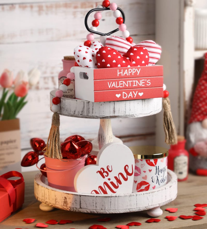 KORMMCO Valentine Decor Wooden Created with 3 PCS Fabric Heart, Valentines Table Centerpiece,Farmhouse Table Decor for Tiered Tray, Valentine's Home Kitchen Decor,Red - Image 4