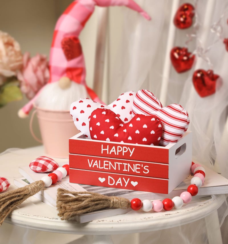 KORMMCO Valentine Decor Wooden Created with 3 PCS Fabric Heart, Valentines Table Centerpiece,Farmhouse Table Decor for Tiered Tray, Valentine's Home Kitchen Decor,Red - Image 2