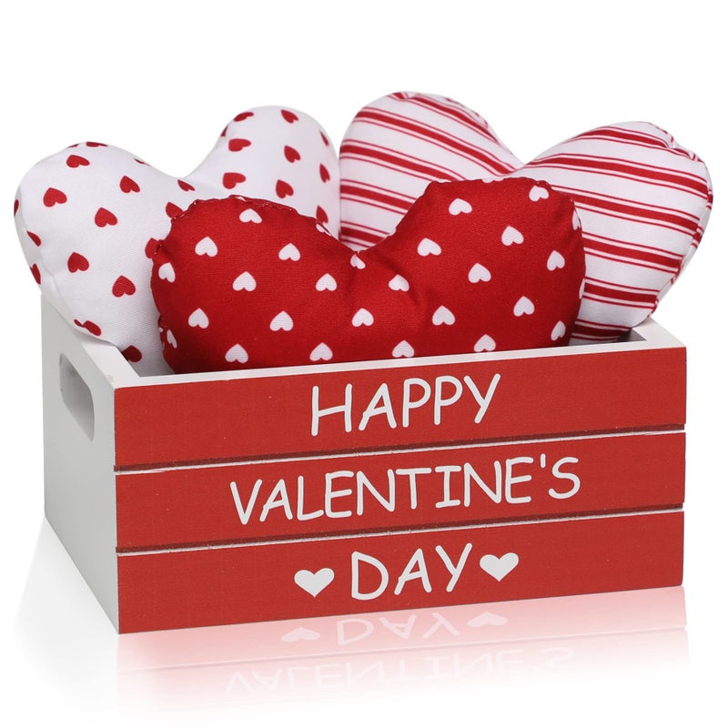 KORMMCO Valentine Decor Wooden Created with 3 PCS Fabric Heart, Valentines Table Centerpiece,Farmhouse Table Decor for Tiered Tray, Valentine's Home Kitchen Decor,Red - Image 1