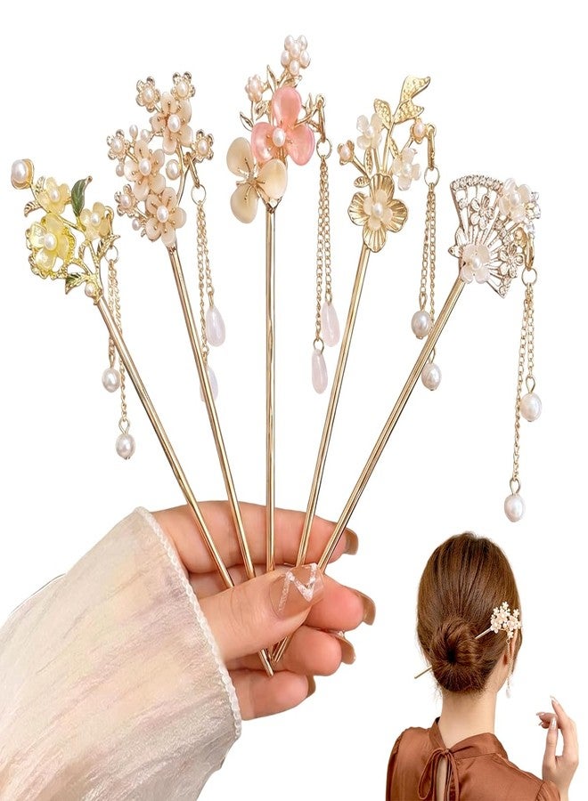 MAYCREATE® 5Pcs Hair Sticks Retro Pearl Flower Jade Hair Pins Vintage Hanfu Asian Bun Stick Metal Tassel Pendants Hair Chopsticks for Women Girls - Image 1