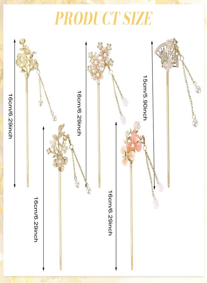 MAYCREATE® 5Pcs Hair Sticks Retro Pearl Flower Jade Hair Pins Vintage Hanfu Asian Bun Stick Metal Tassel Pendants Hair Chopsticks for Women Girls - Image 2