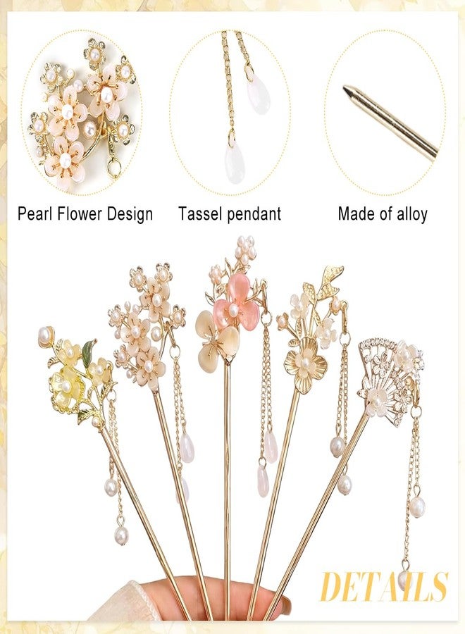 MAYCREATE® 5Pcs Hair Sticks Retro Pearl Flower Jade Hair Pins Vintage Hanfu Asian Bun Stick Metal Tassel Pendants Hair Chopsticks for Women Girls - Image 3