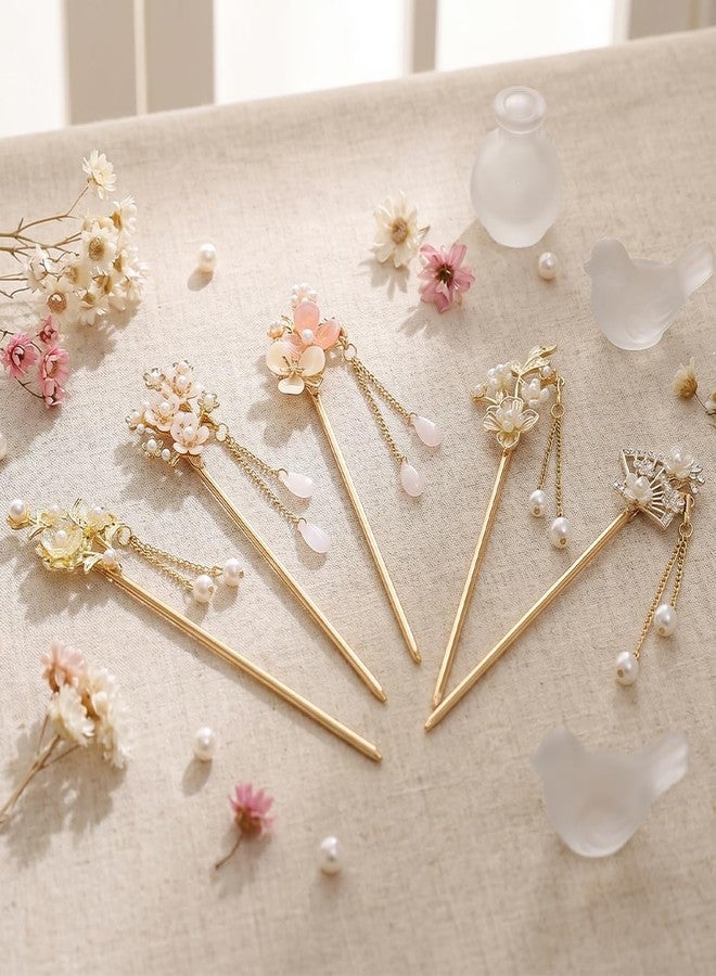 MAYCREATE® 5Pcs Hair Sticks Retro Pearl Flower Jade Hair Pins Vintage Hanfu Asian Bun Stick Metal Tassel Pendants Hair Chopsticks for Women Girls - Image 4