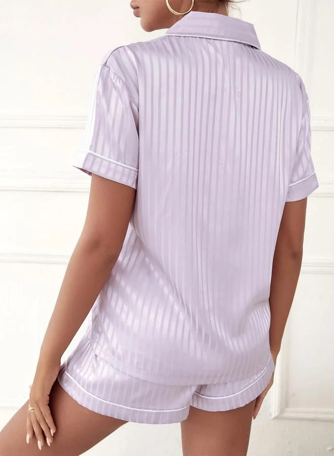 Take Two Lilac Striped Pattern Piping Shirt and Shorts Set