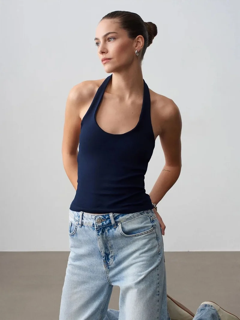 ديلفين Dilvin Ribbed Halterneck Sleeveless Blouse