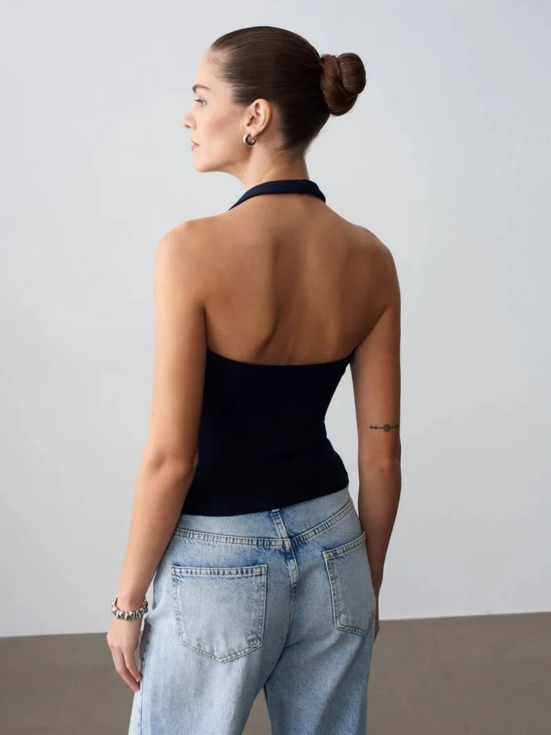 ديلفين Dilvin Ribbed Halterneck Sleeveless Blouse