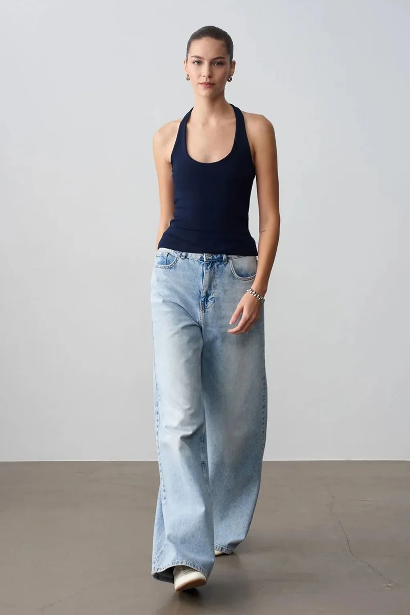 Dilvin Navy Blue DILVIN Ribbed Halterneck Sleeveless Blouse for Women | Best Price UAE