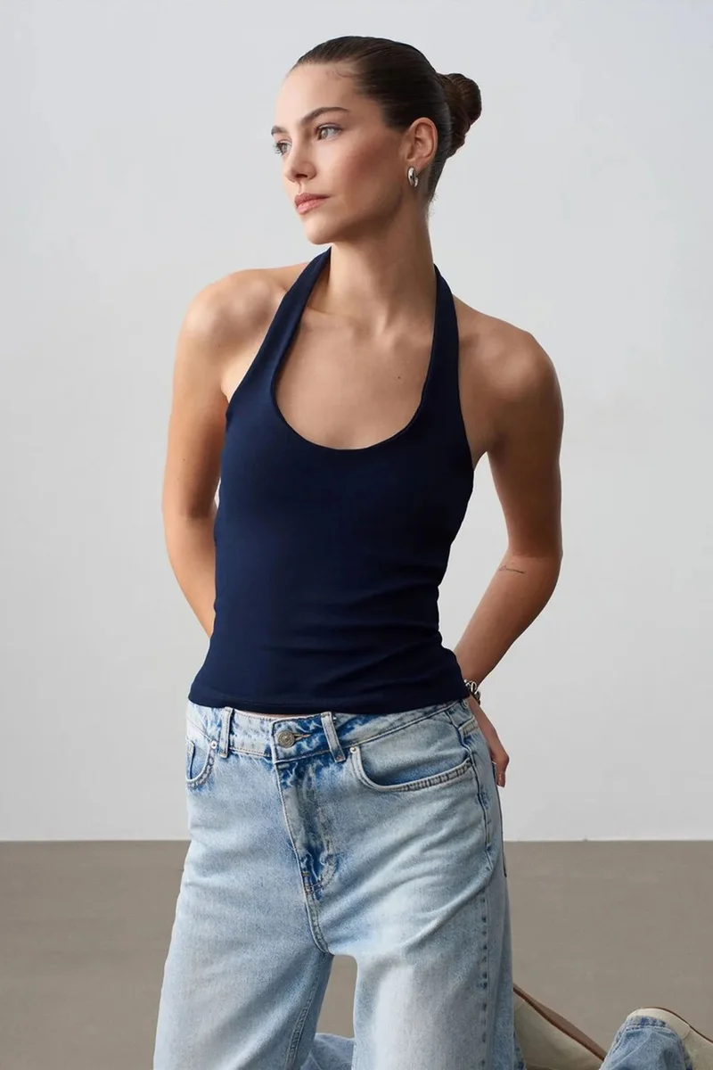 DILVIN Ribbed Halterneck Sleeveless Blouse