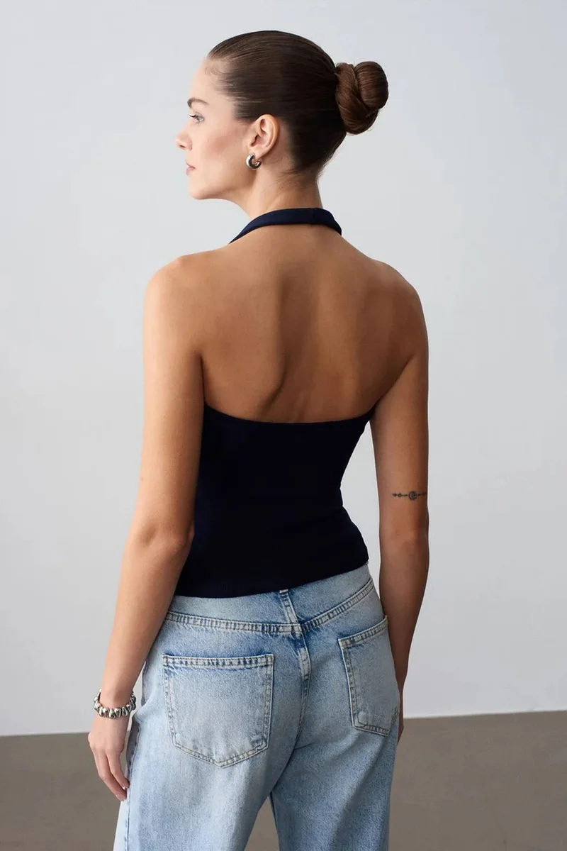 Dilvin Navy Blue DILVIN Ribbed Halterneck Sleeveless Blouse for Women | Best Price UAE