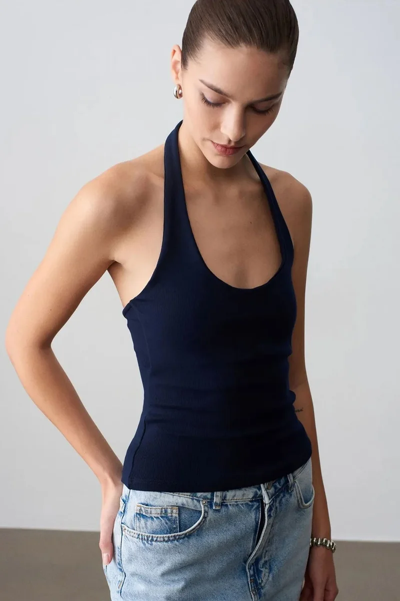 Dilvin Navy Blue DILVIN Ribbed Halterneck Sleeveless Blouse for Women | Best Price UAE