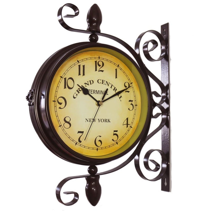 WOOCH Wrought Iron AntiqueLook Brown Round Wall Hanging Double Sided Two Faces Retro Station Clock 8inch