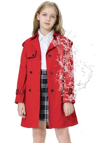 Betusline Girls Trench Coat,Long Sleeve Double Breasted Belted Casual Windbreaker Jacket Outwear Overcoat,2# Red,7-8 Years = Tag 140 - Image 1