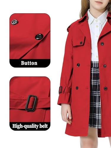 Betusline Girls Trench Coat,Long Sleeve Double Breasted Belted Casual Windbreaker Jacket Outwear Overcoat,2# Red,7-8 Years = Tag 140 - Image 4