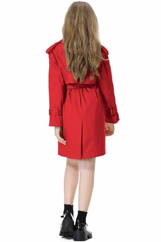 Betusline Girls Trench Coat,Long Sleeve Double Breasted Belted Casual Windbreaker Jacket Outwear Overcoat,2# Red,7-8 Years = Tag 140 - Image 2