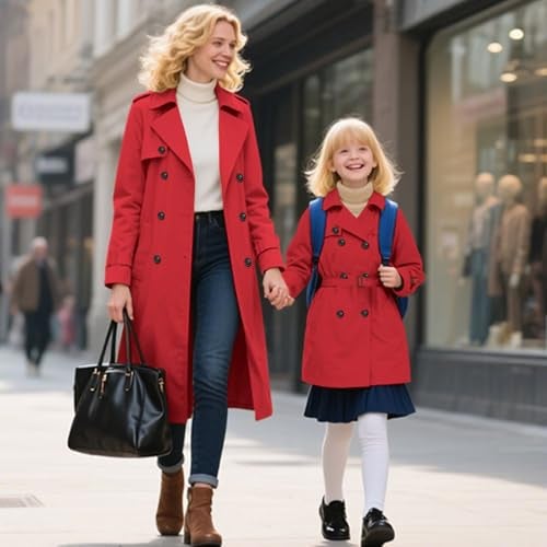 Betusline Girls Trench Coat,Long Sleeve Double Breasted Belted Casual Windbreaker Jacket Outwear Overcoat,2# Red,7-8 Years = Tag 140 - Image 3