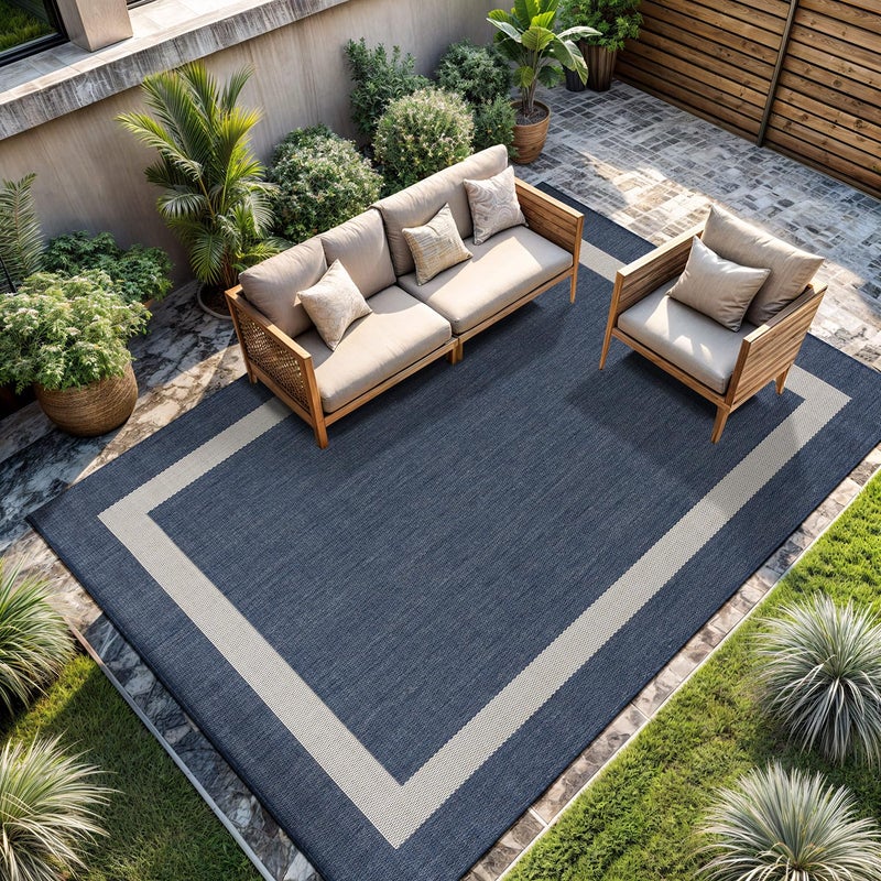 CAMILSON Outdoor Rug 5x7, Modern Outside Rugs for Patios Porches Waterproof Durable Washable Non-Shedding, Easy-to-Clean Indoor Outdoor Area Carpet (5 x 7, Bordered - Blue/White) - Image 1