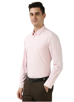 Peter England Peter England Men's Slim Fit Full Sleeve Pin-Striped Formal Shirt | Cotton-Rich | Wonder Fabric | Pin Point Oxford Pink  - Image 2
