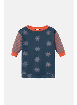 Tchibo Kids Girl Round Neck Floral Print Sweater, Navy Blue  - Image 2