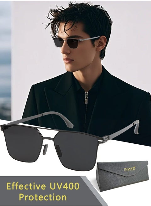 Men's Square Sunglasses, UV400 Protection Sun Glasses with Ultralight Metal Frame and Titanium Temple, Fashion Anti-Glare Sun Shades Suitable for Men Driving, Fishing, Traveling, Black