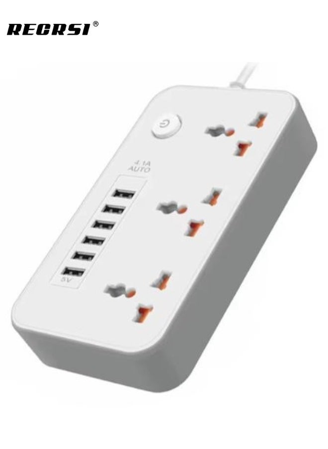 RECRSI - Universal Extension Power Sockets, 3 AC Sockets, 6 USB Ports,2500W, 3.4A, Development Port, 2 Meter Cord Extension, Power Strip,White - Image 1
