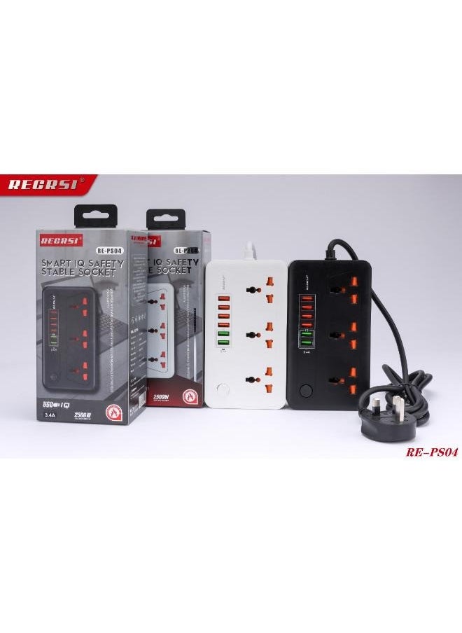 RECRSI - Universal Extension Power Sockets, 3 AC Sockets, 6 USB Ports,2500W, 3.4A, Development Port, 2 Meter Cord Extension, Power Strip,White - Image 1
