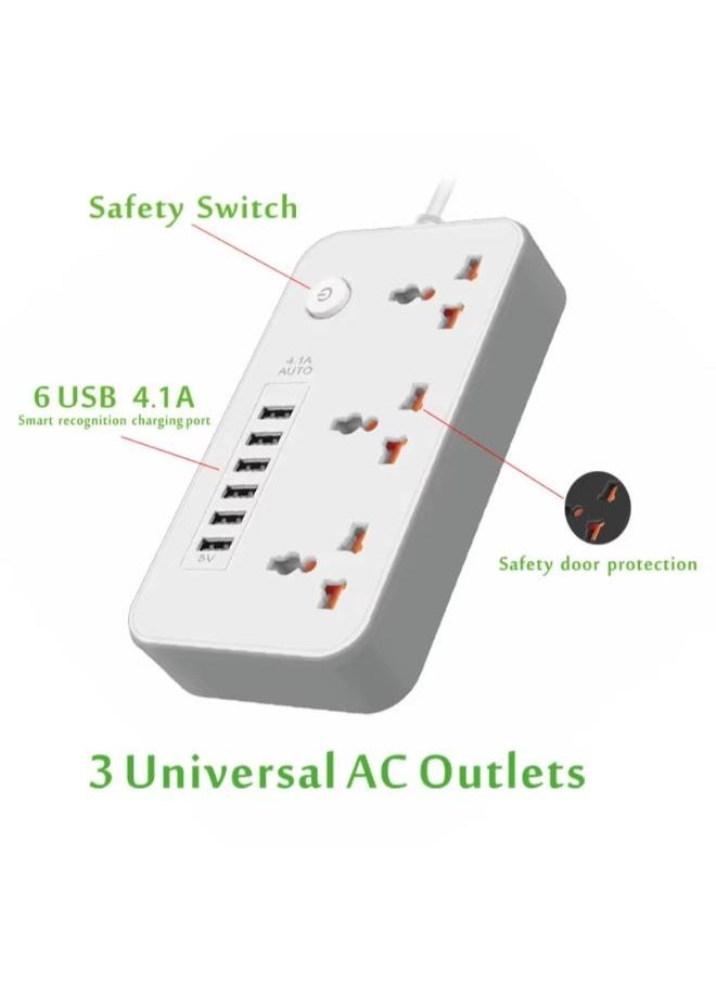 RECRSI - Universal Extension Power Sockets, 3 AC Sockets, 6 USB Ports,2500W, 3.4A, Development Port, 2 Meter Cord Extension, Power Strip,White - Image 1