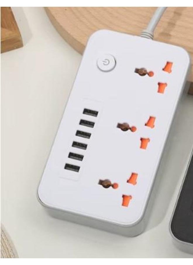 RECRSI - Universal Extension Power Sockets, 3 AC Sockets, 6 USB Ports,2500W, 3.4A, Development Port, 2 Meter Cord Extension, Power Strip,White - Image 1