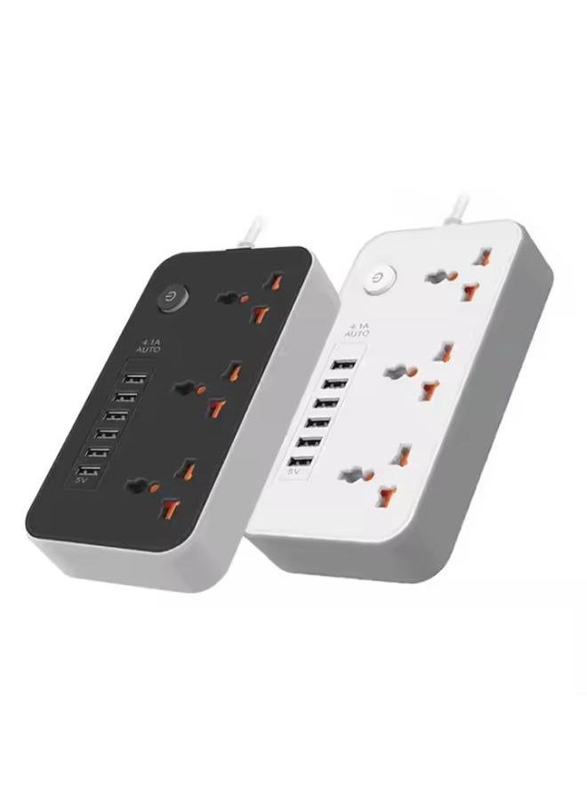 RECRSI - Universal Extension Power Sockets, 3 AC Sockets, 6 USB Ports,2500W, 3.4A, Development Port, 2 Meter Cord Extension, Power Strip,White - Image 1