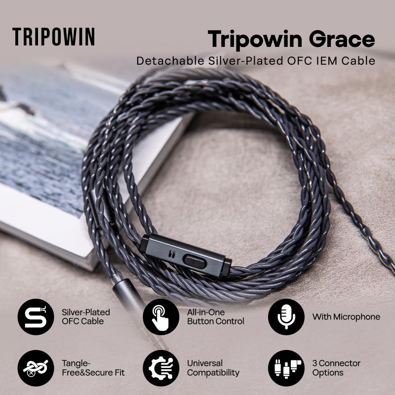 Linsoul Tripowin Grace Detachable Silver-Plated Oxygen Free Copper OFC in Ear Earphone Cable with Microphone for Audiophile Replacement Cable (2Pin) - Image 2