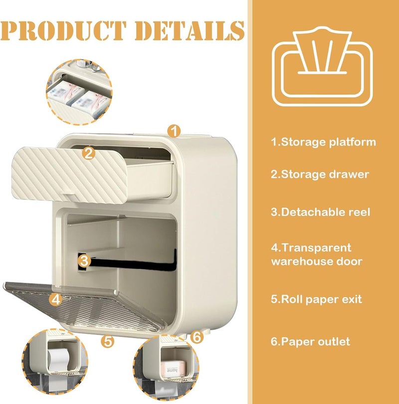 PRAMANTA Toilet Paper Holder with Shelf Wipes Dispenser for Bathroom Toilet Paper Holder with Storage Drawer Design Adhesive Bathroom Shelf Wall Mount Tissue Stand, 17 * 12 * 22 cm (1Pcs) - Image 3