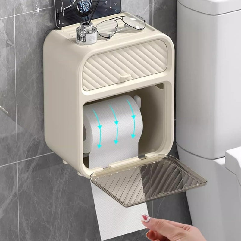 PRAMANTA Toilet Paper Holder with Shelf Wipes Dispenser for Bathroom Toilet Paper Holder with Storage Drawer Design Adhesive Bathroom Shelf Wall Mount Tissue Stand, 17 * 12 * 22 cm (1Pcs) - Image 1