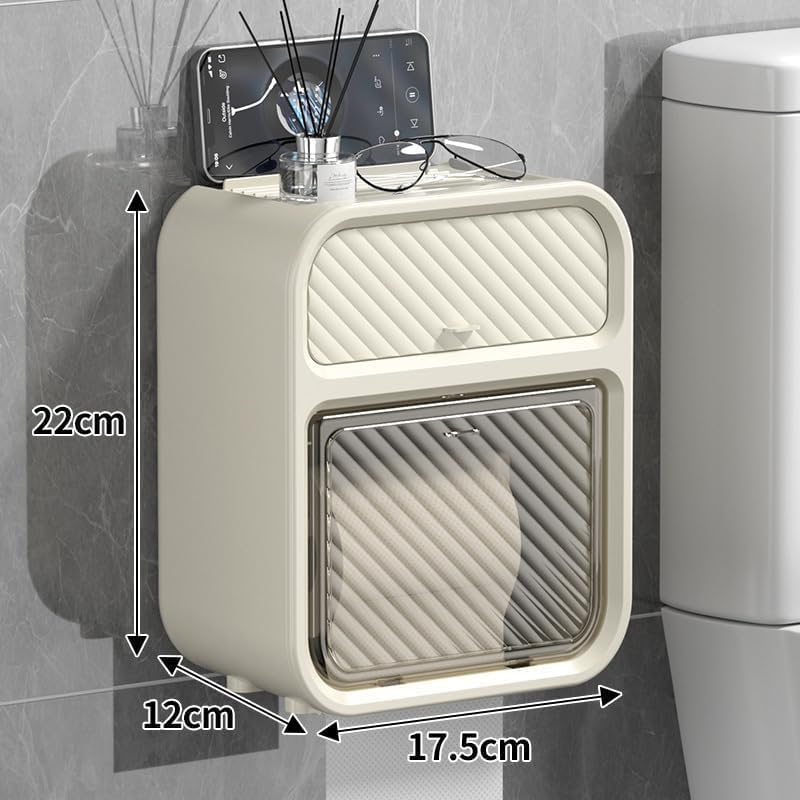 PRAMANTA Toilet Paper Holder with Shelf Wipes Dispenser for Bathroom Toilet Paper Holder with Storage Drawer Design Adhesive Bathroom Shelf Wall Mount Tissue Stand, 17 * 12 * 22 cm (1Pcs) - Image 2