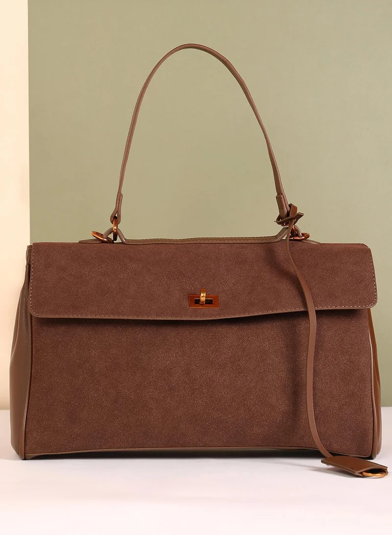 Haute Sauce Solid Interlock Regular Suede Hand Bag For Women