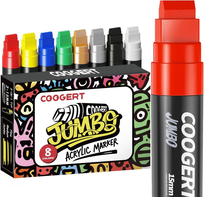 Coogert 8 Colors Jumbo Poster Marker,15mm Wide Tip Thick Acrylic Paint Pen Paint Markers,Black Graffiti Markers for Poster,Glass,Rock Painting,Ceramic,Wood,Murals and Canvas - Image 1
