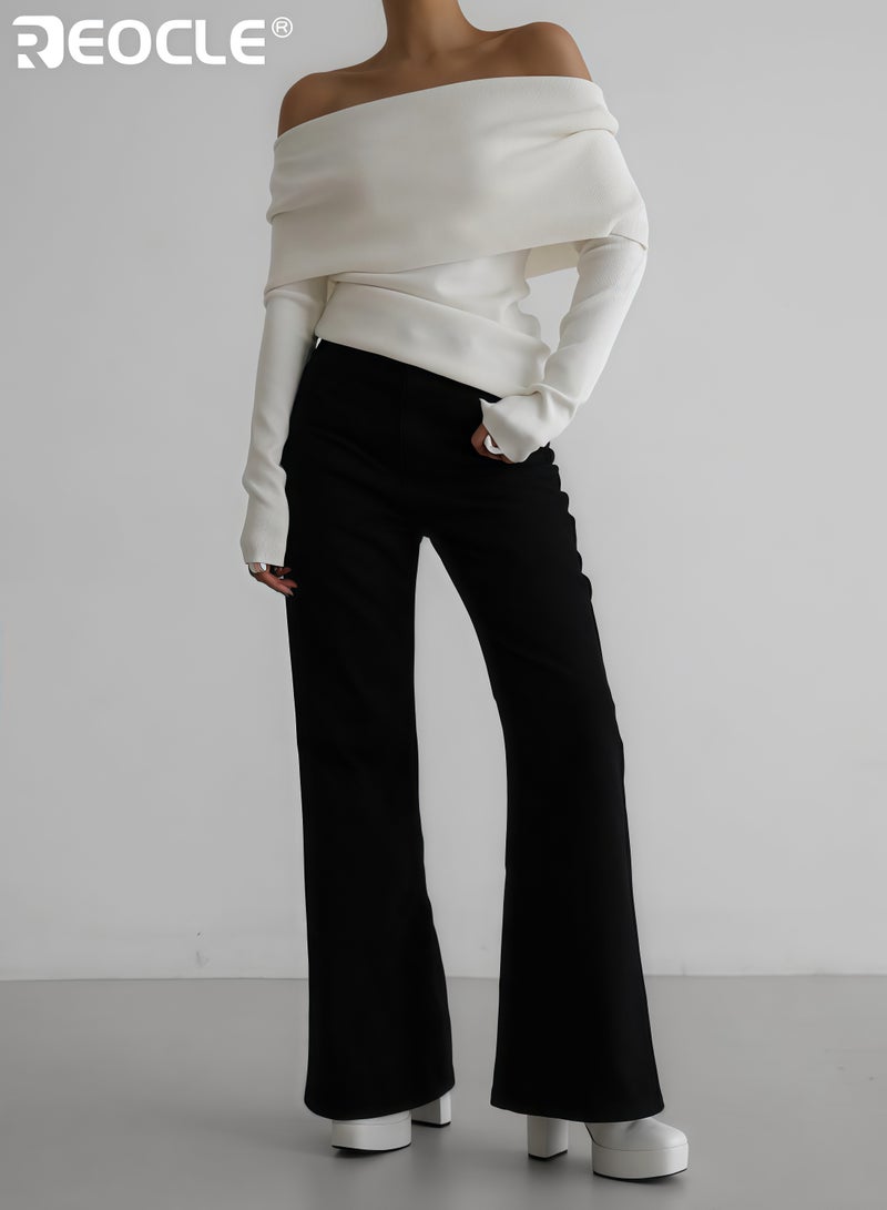 ريوكل كنزة نسائية ذات أكتاف مكشوفة بأكمام طويلة وتصميم ضيق منسوج بقماش مطاطي للارتداء الأنيق في خريف وشتاء - Image 4