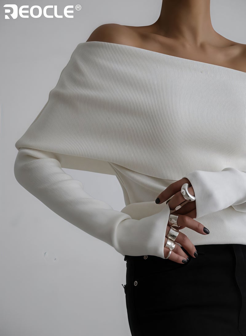 ريوكل كنزة نسائية ذات أكتاف مكشوفة بأكمام طويلة وتصميم ضيق منسوج بقماش مطاطي للارتداء الأنيق في خريف وشتاء - Image 2