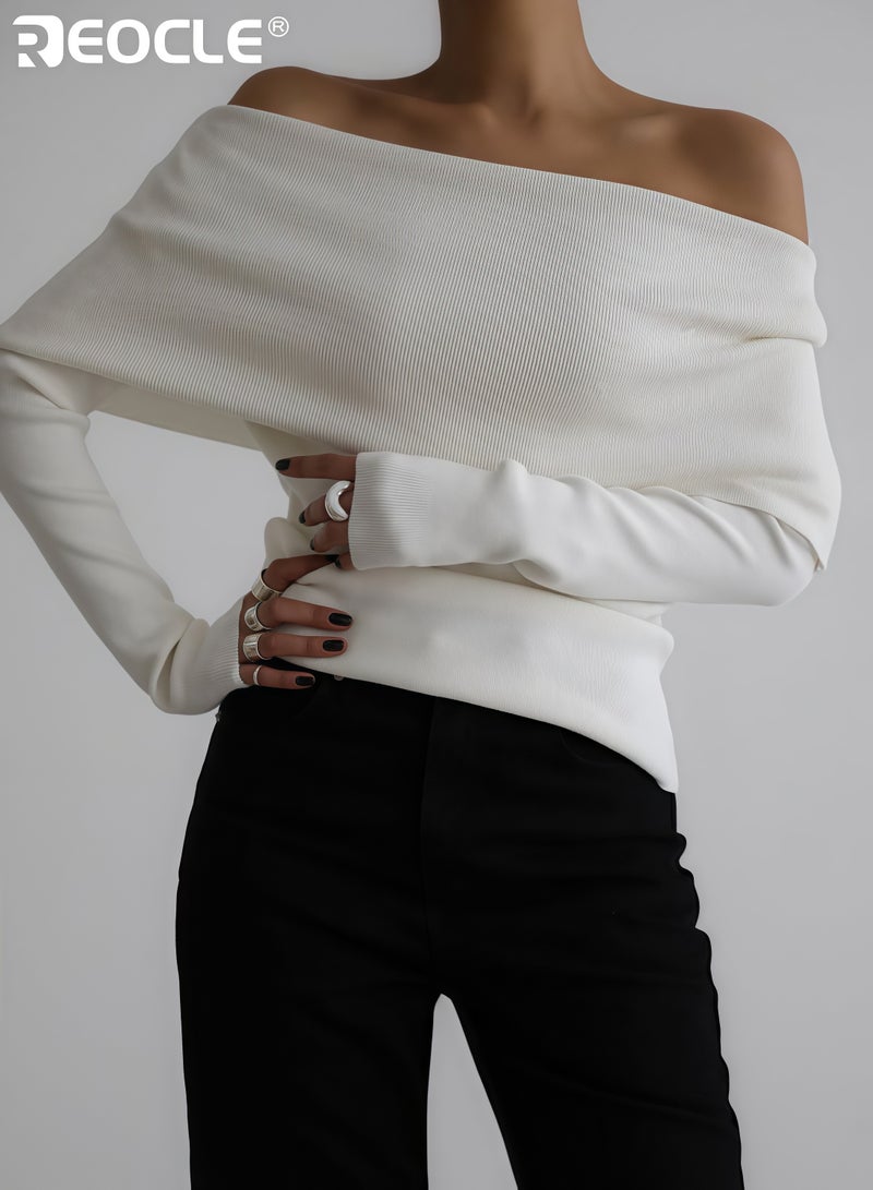ريوكل كنزة نسائية ذات أكتاف مكشوفة بأكمام طويلة وتصميم ضيق منسوج بقماش مطاطي للارتداء الأنيق في خريف وشتاء - Image 1