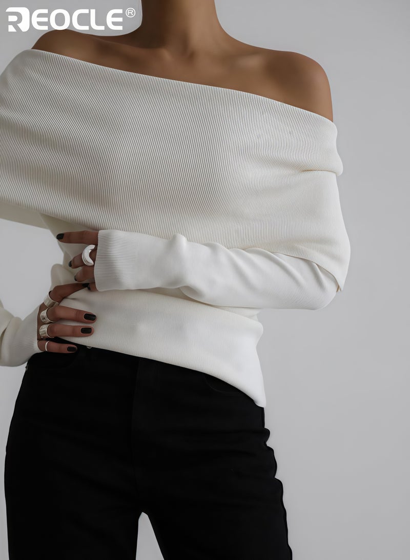 ريوكل كنزة نسائية ذات أكتاف مكشوفة بأكمام طويلة وتصميم ضيق منسوج بقماش مطاطي للارتداء الأنيق في خريف وشتاء - Image 3
