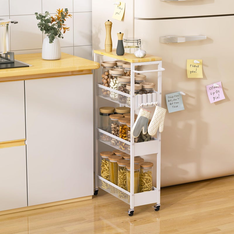 Vincona Slim Rolling Utility Cart, 4 Tier Metal Narrow Storage Cart with Handle and Wood Top, Multifunctional Small Mobile Shelf Unit Organizer Trolley for Laundry, Bathroom, Kitchen - Image 1