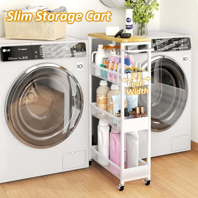 Vincona Slim Rolling Utility Cart, 4 Tier Metal Narrow Storage Cart with Handle and Wood Top, Multifunctional Small Mobile Shelf Unit Organizer Trolley for Laundry, Bathroom, Kitchen - Image 2