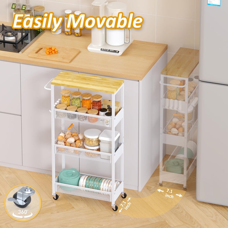 Vincona Slim Rolling Utility Cart, 4 Tier Metal Narrow Storage Cart with Handle and Wood Top, Multifunctional Small Mobile Shelf Unit Organizer Trolley for Laundry, Bathroom, Kitchen - Image 3