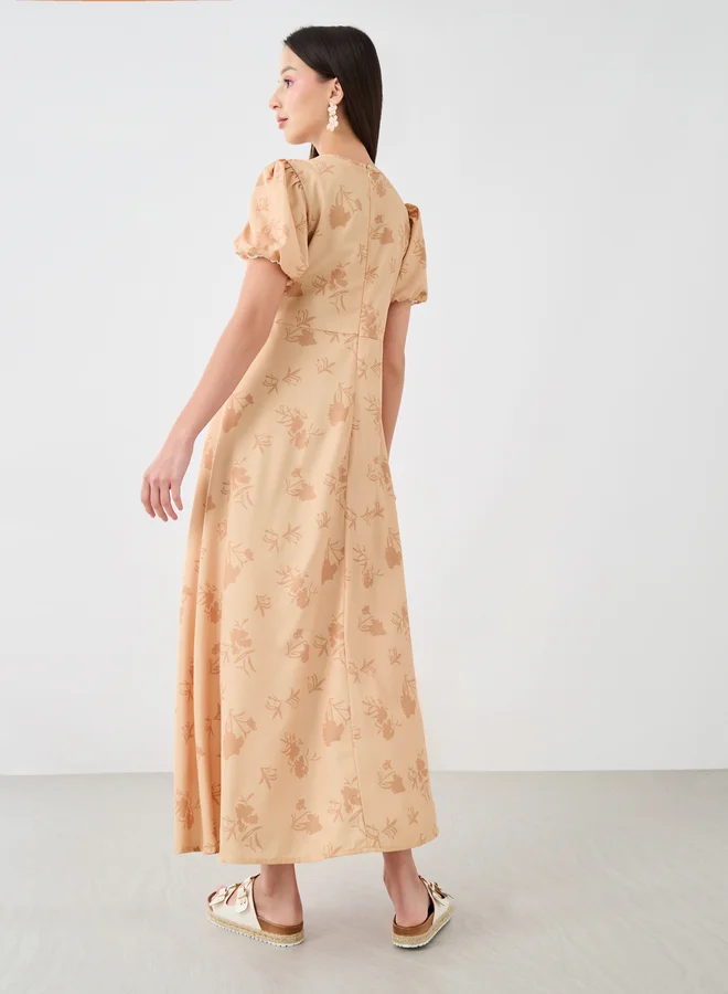 Styli Styli Floral Print Gathered Detail Puff Sleeve Maxi Dress