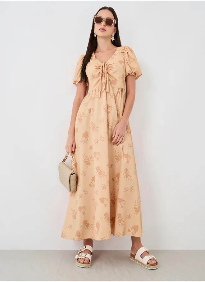Take Two Take Two Floral Print Gathered Detail Puff Sleeve Maxi Dress