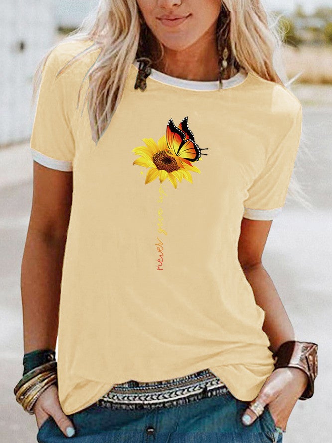 Wish Butterfly Sunflower Pattern Printed Contrast Short Sleeve T-Shirt - Image 4