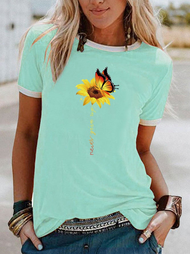 Wish Butterfly Sunflower Pattern Printed Contrast Short Sleeve T-Shirt - Image 3