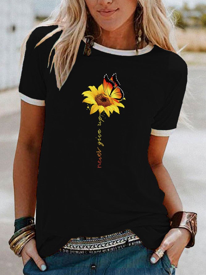 Wish Butterfly Sunflower Pattern Printed Contrast Short Sleeve T-Shirt - Image 1