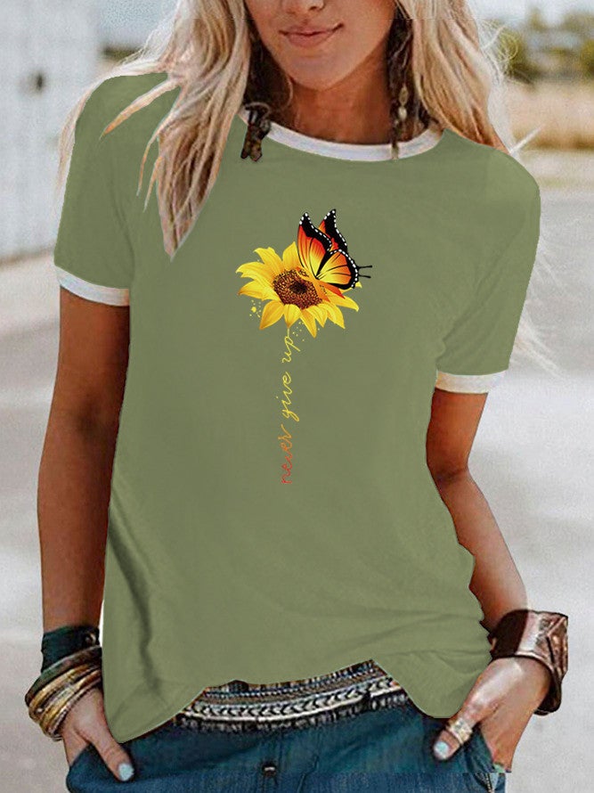 Wish Butterfly Sunflower Pattern Printed Contrast Short Sleeve T-Shirt - Image 5