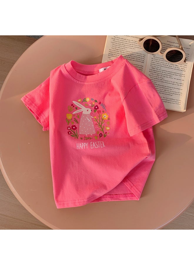 New Rabbit Garden Summer Short-sleeve Children's T-shirt For Girls, Cute Cartoon Print Top Available