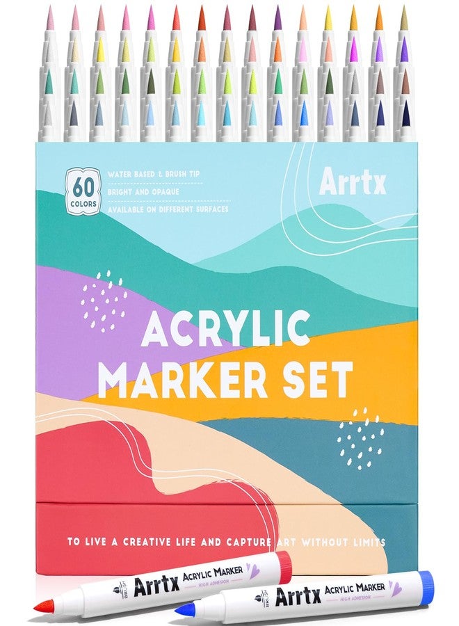 Arrtx Acrylic Markers 60C Scenic Colors,Brush Tip,Water Based Ink,Water Resistant Paint Pens Paint Art Markers for Rock Painting Stone Wood Ceramic Canvas Metal Plastic DIY Project Artist - Image 1